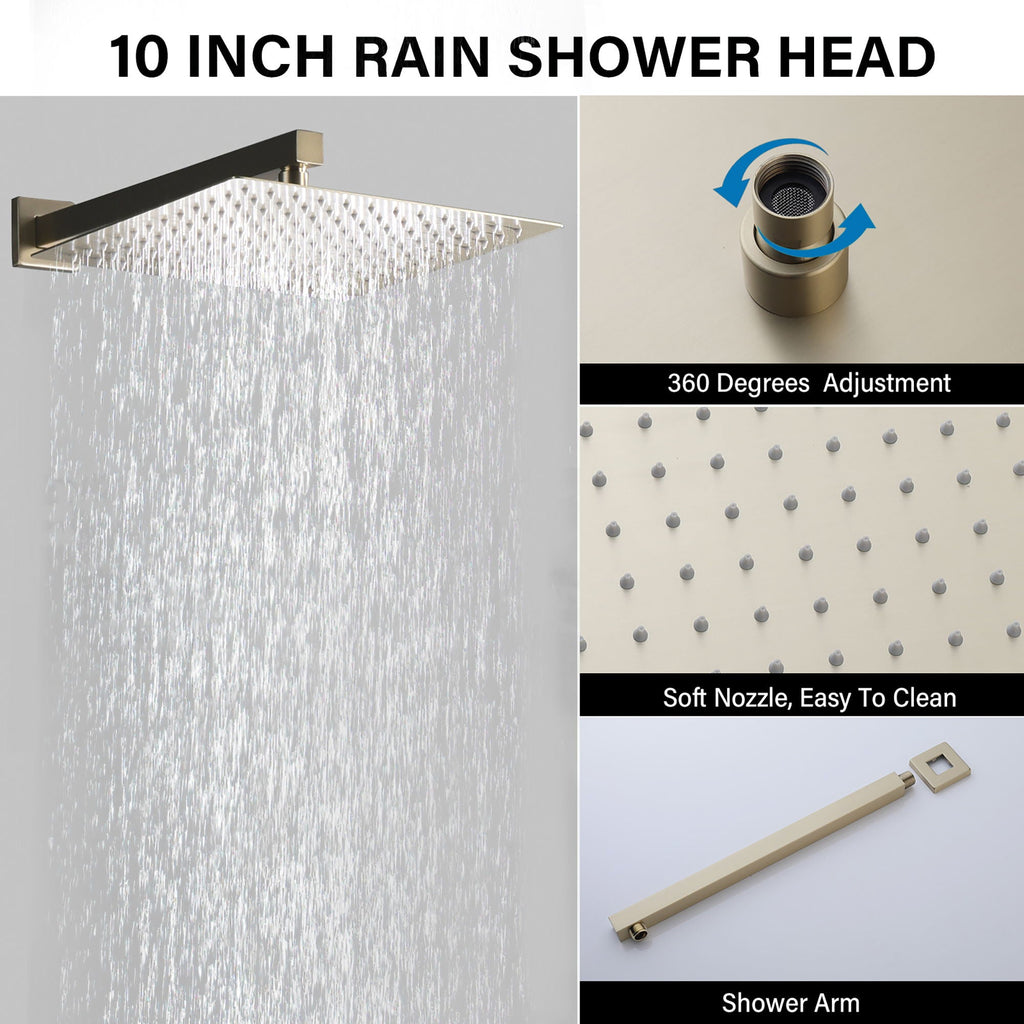 Modern 10" Wall Mounted Rainfall Shower Head System with Handheld Shower - Gold or Black
