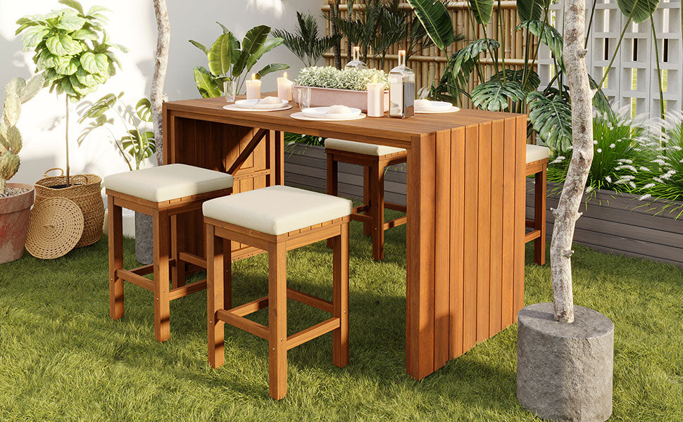 Acacia Wood 5 Piece Outdoor Bar Set with Cushioned Stools - Natural