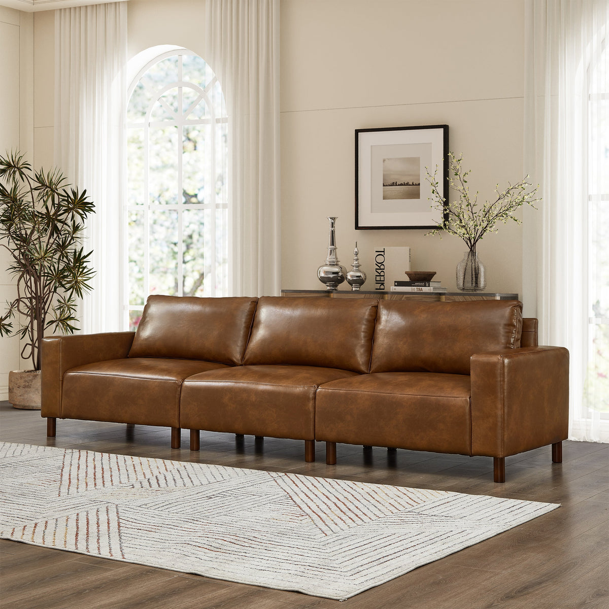 Luxury PU Leather Sofa 112" with Solid Wood Base - Brown