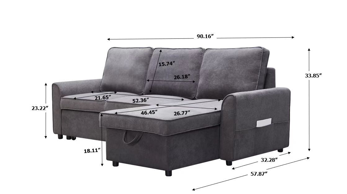Modern Modular L-Shaped Sofa Bed with Chaise - Dark Grey Linen