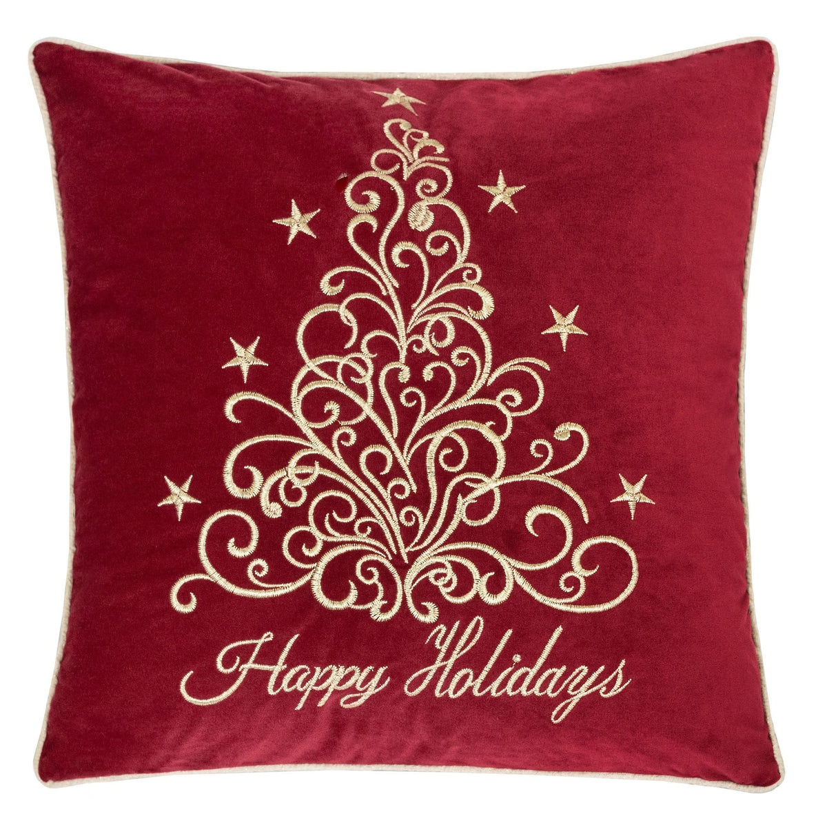 Red Velvet Holiday Pillow with Gold Embroidery - Red