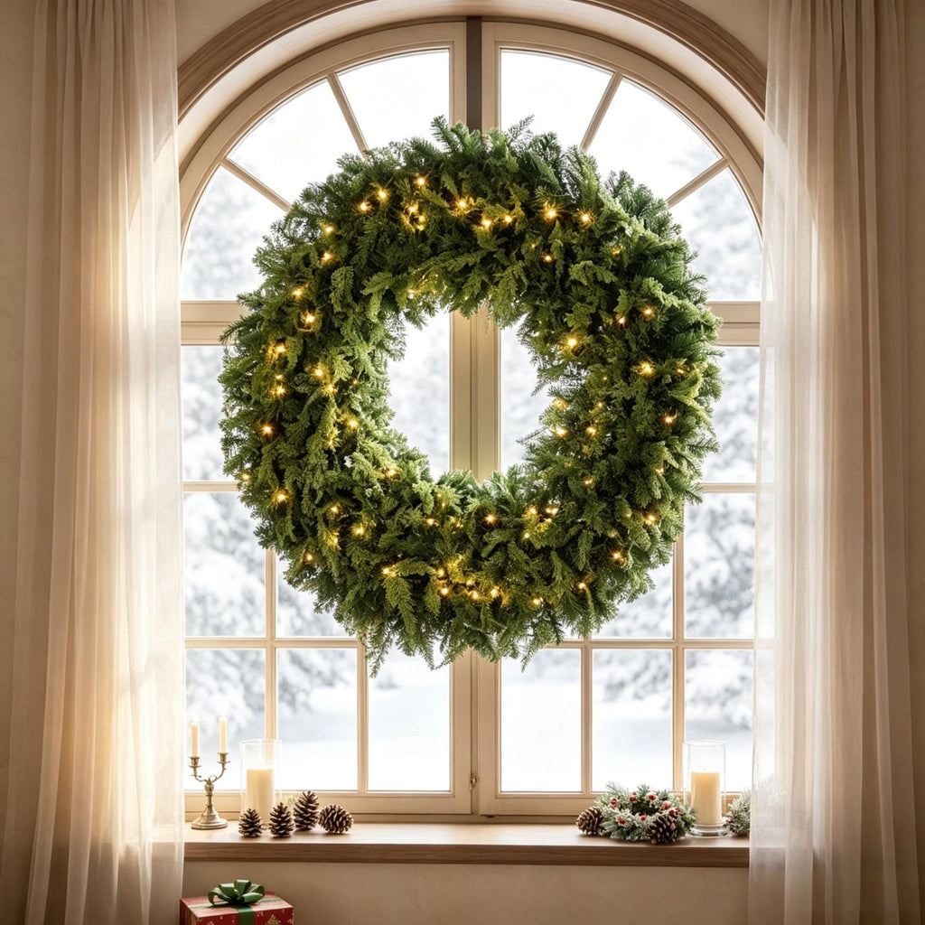 48-Inch Pre-Lit Crestwood Spruce Artificial Christmas Wreath with 8 Lighting Modes - Green
