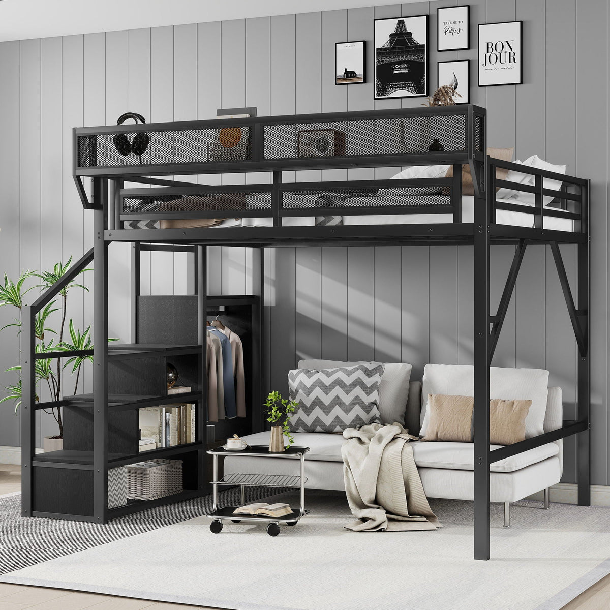 Queen Size Loft Bed with Stairs and Storage Shelves - Black