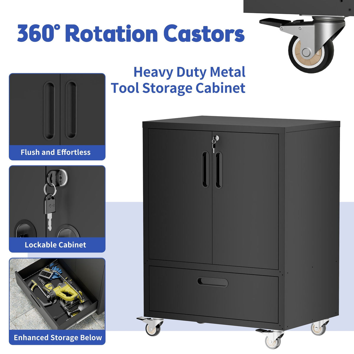 Mobile Tool Cart with Lockable Casters - Heavy-Duty Storage Organizer - Black