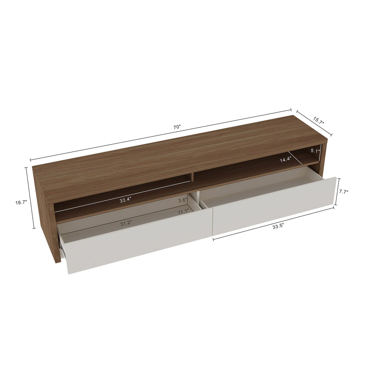 Modern 70" TV Stand with Full Extension Drawers - White or Light Brown