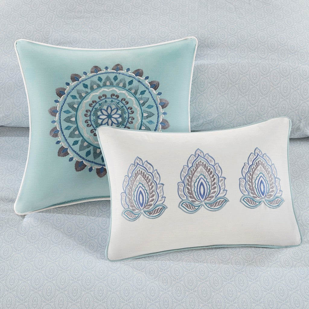 8 Piece Cotton Floral Reversible Comforter Set with Decorative Pillows - Blue