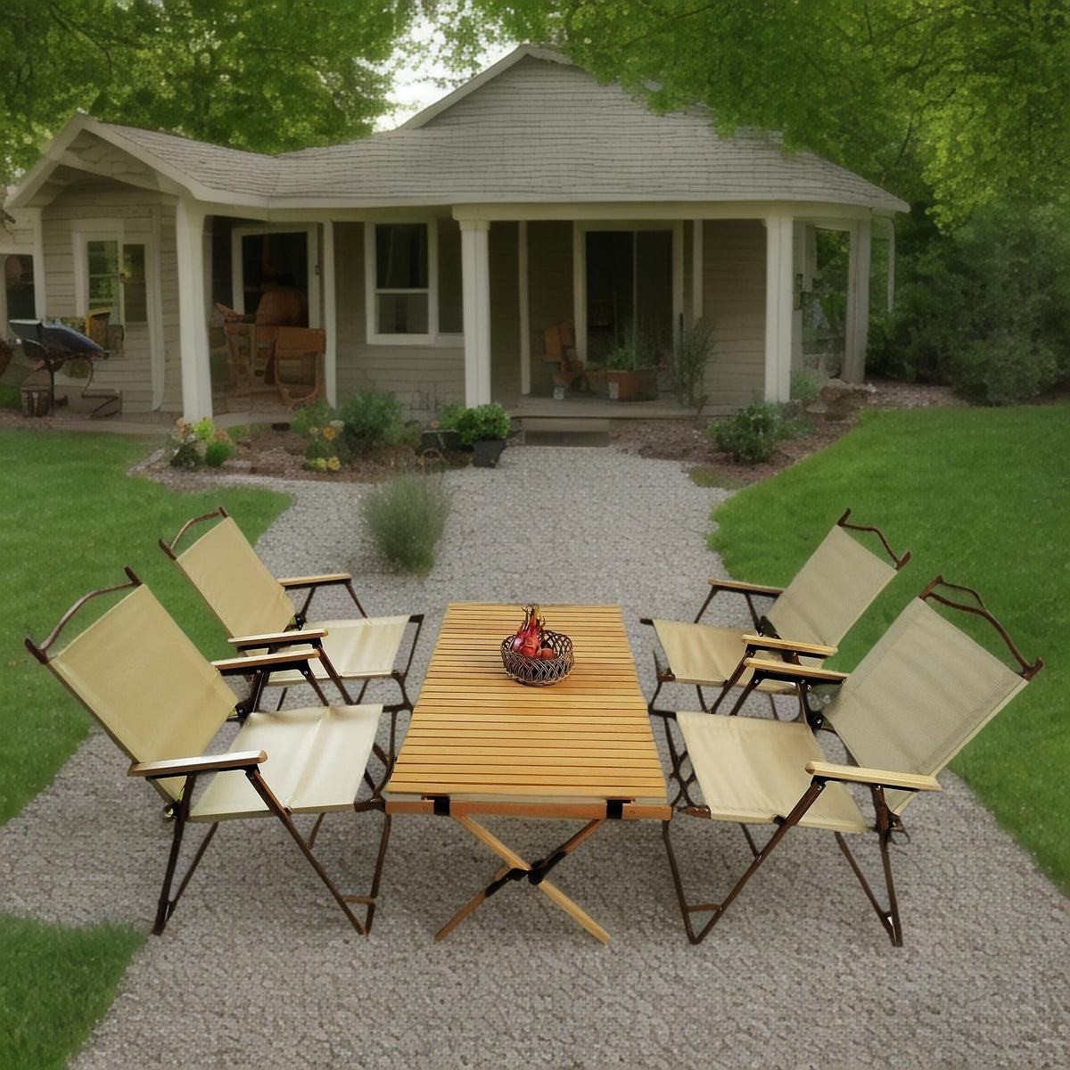 Natural 5 Piece Outdoor Dining Set with Foldable Table & Chairs