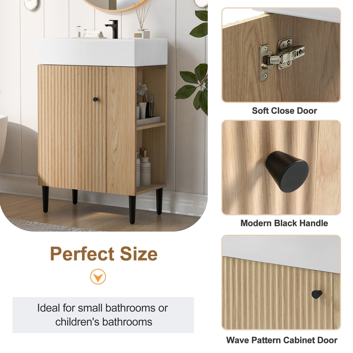 Bathroom Vanity with Single Ceramic Sink and Side Storage - Multiple Colors