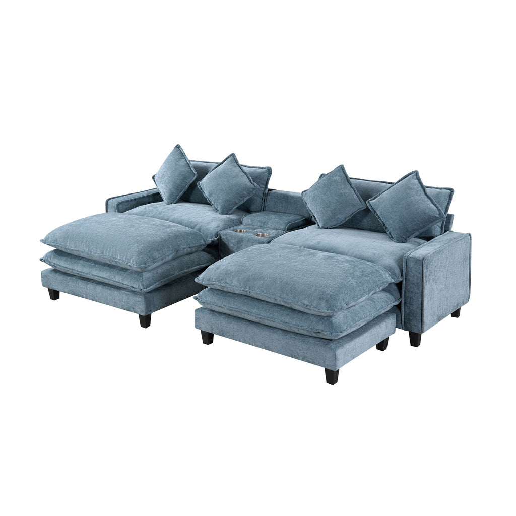 Modern Sectional Sofa with Removable Ottomans, USB Ports - Dark Gray or Light Blue