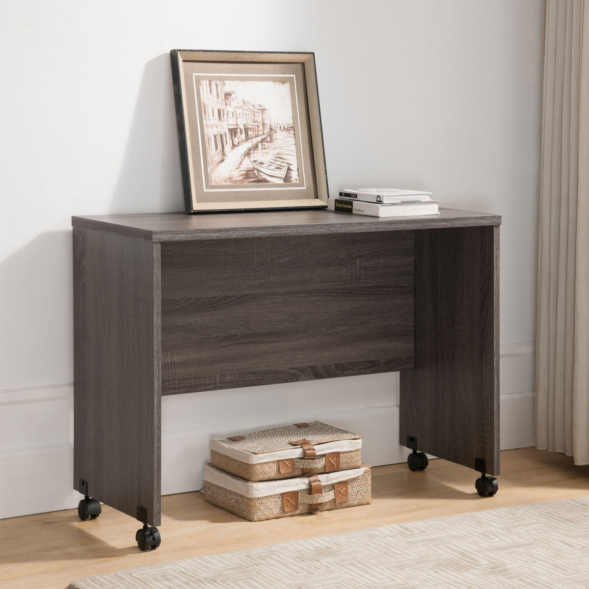 Wood Printer Mobile Stand Computer Desk with Locking Wheels - Dark Brown, Dark Gray, White