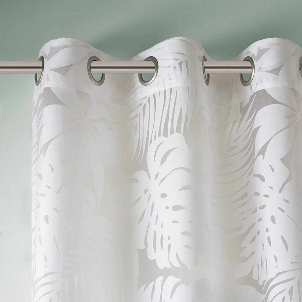 Palm Leaf Burnout Sheer Window Curtain with Grommets - White
