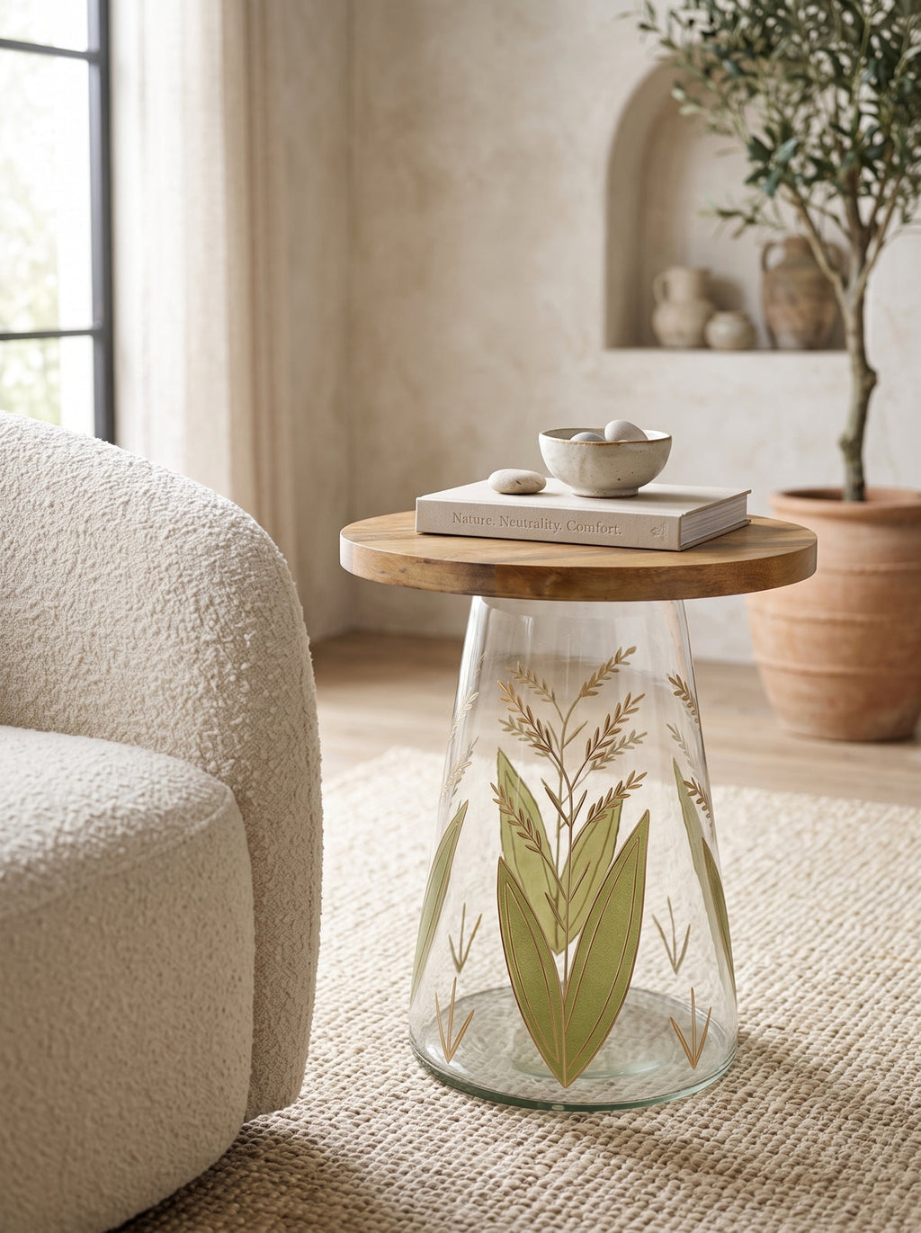 Round Glass Side Table with Hand-Painted Glass Base and Wood Top