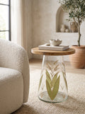 Round Glass Side Table with Hand-Painted Glass Base and Wood Top