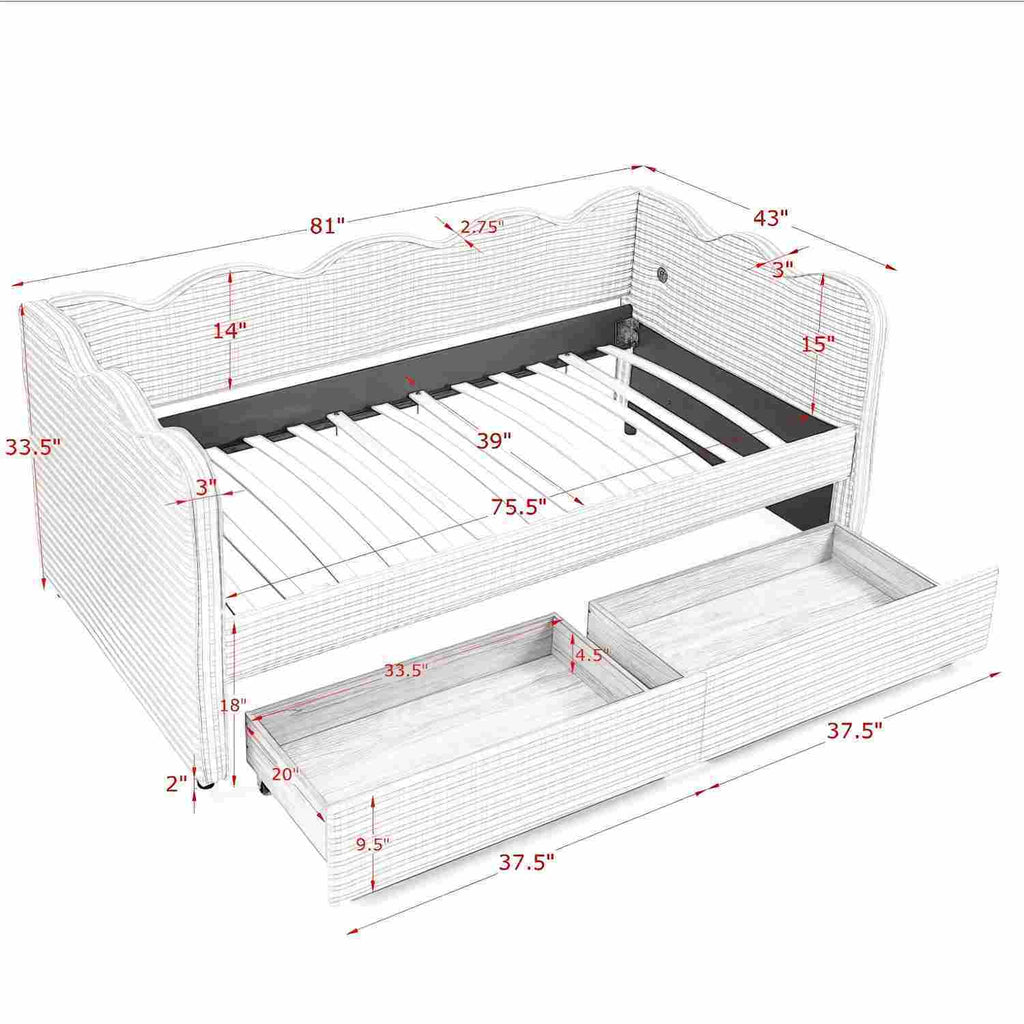 Gingham Daybed with USB Charging Port and Wave-Shaped Design - Multiple Colors