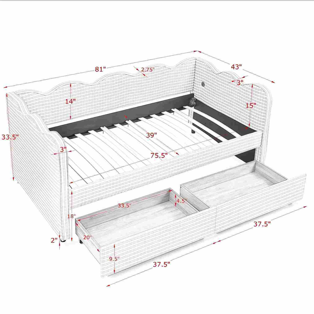 Gingham Daybed with USB Charging Port and Wave-Shaped Design - Multiple Colors