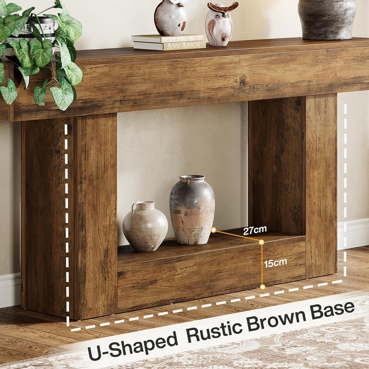 Console Table with 2 Tier Storage and U-Shaped Base - Light Brown or Dark Brown