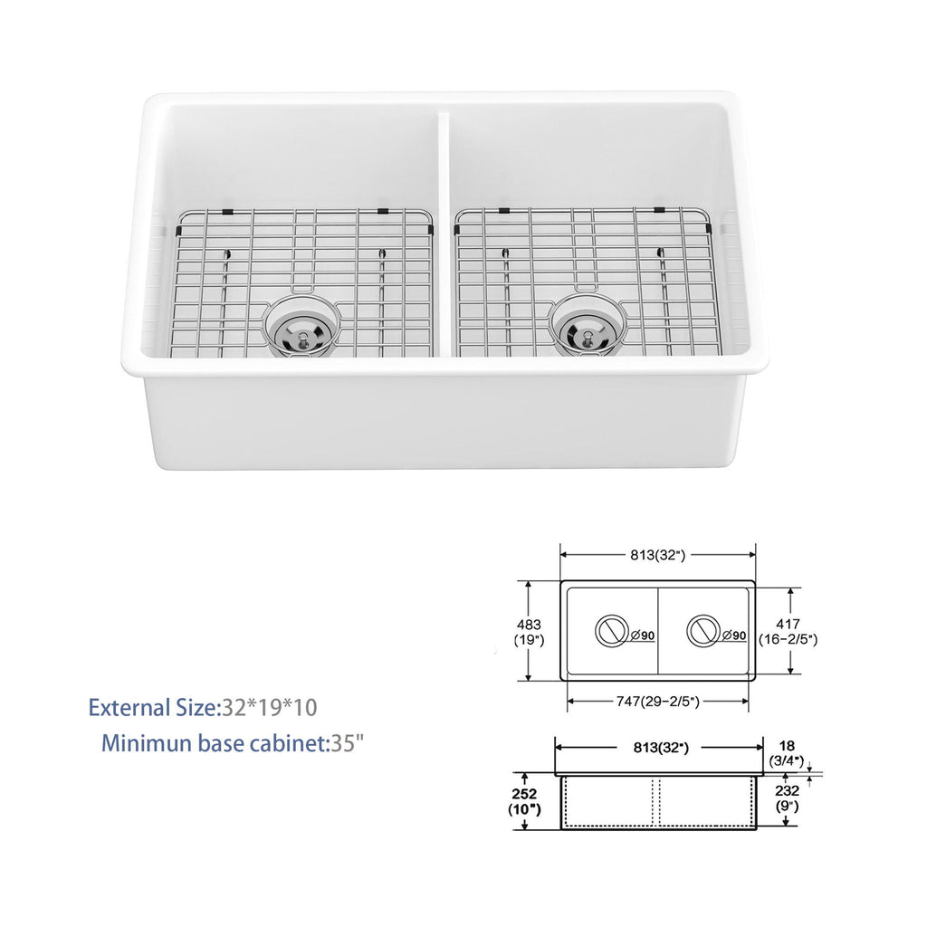 32" Dual Mount Ceramic Kitchen Sink with Double Bowl - White