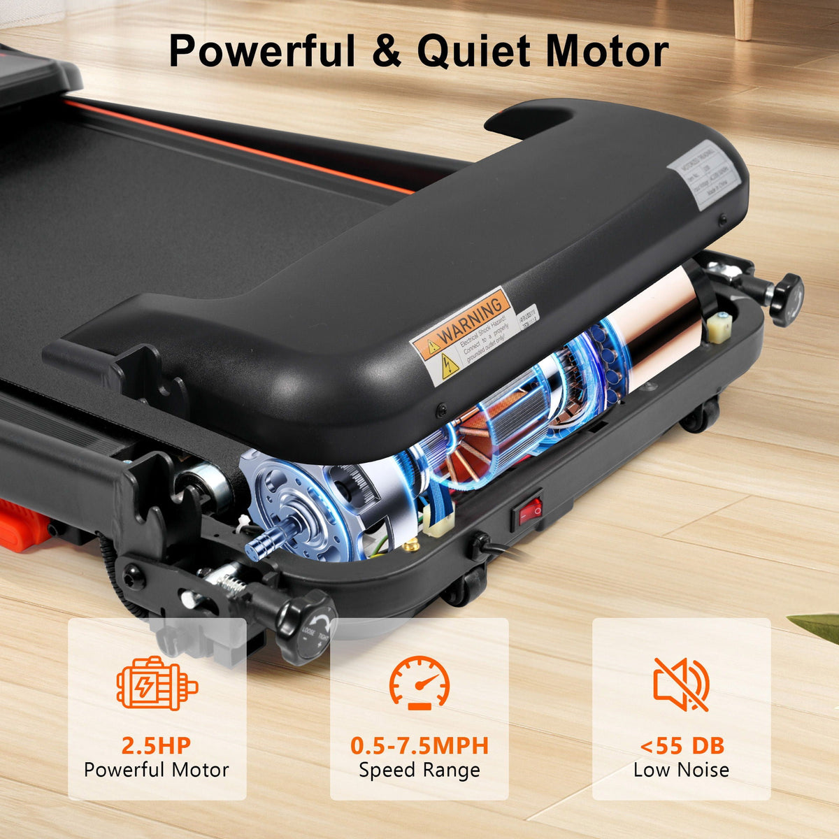 2.5Hp Quiet Folding Treadmill with Heart Rate Sensor - Black