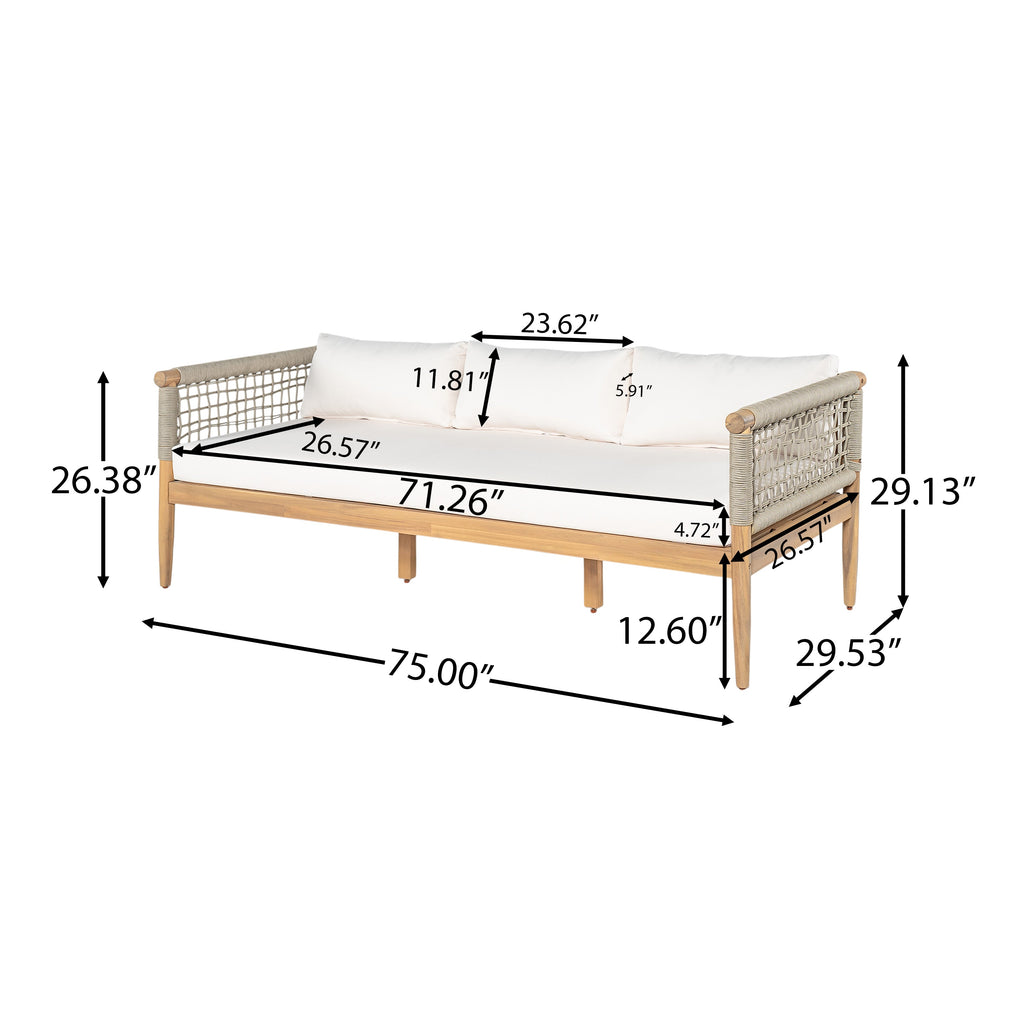 Outdoor Acacia Wood 3-Seater Sofa with Rope Woven Arms - Taupe