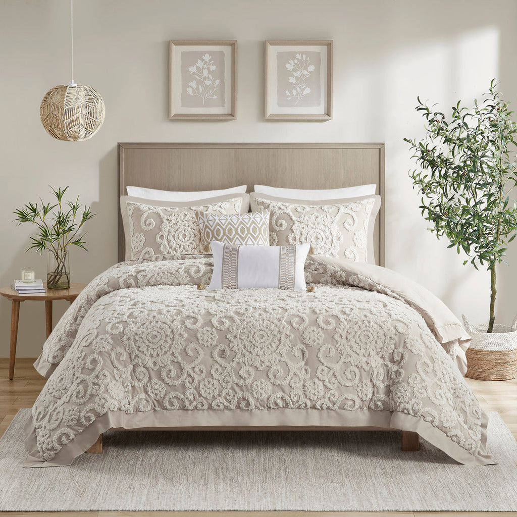 Taupe Cotton Comforter Mini Set with Tufted Chenille Embroidery - King