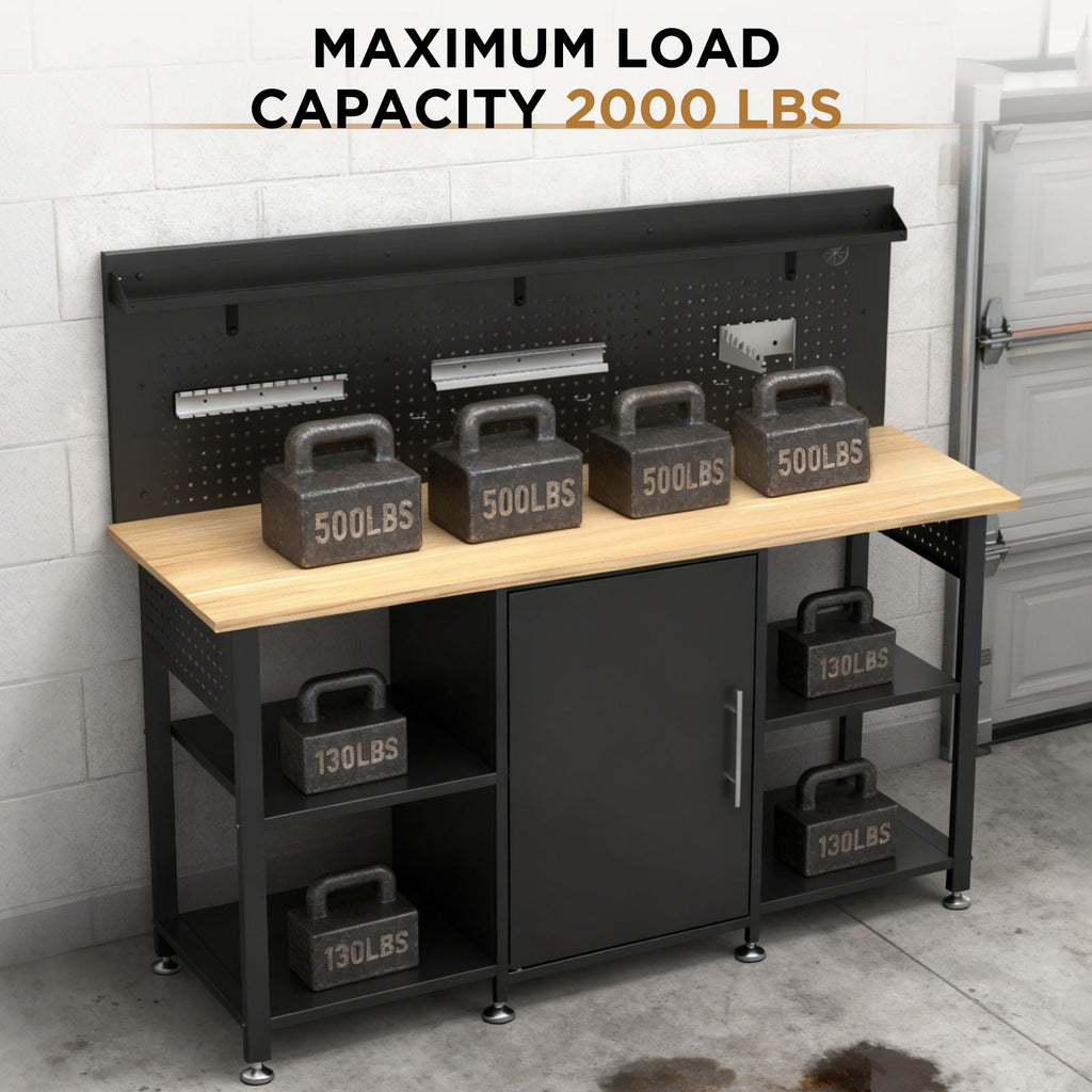 Workbench with Storage Cabinet and Pegboard with Power Outlet - Black