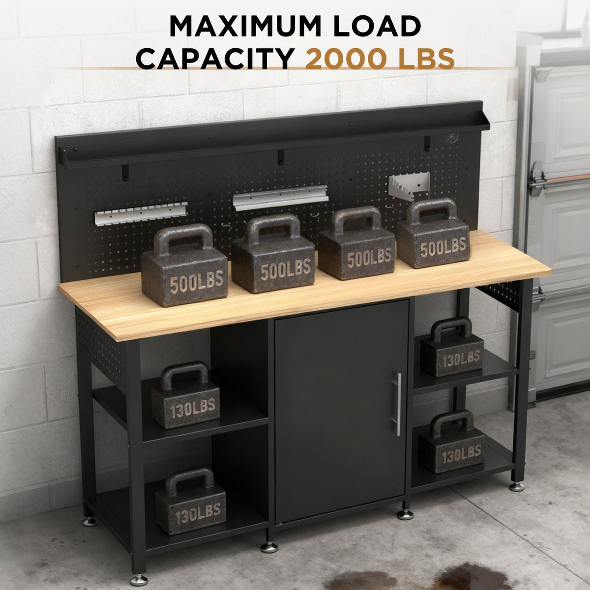 Workbench with Storage Cabinet and Pegboard with Power Outlet - Black