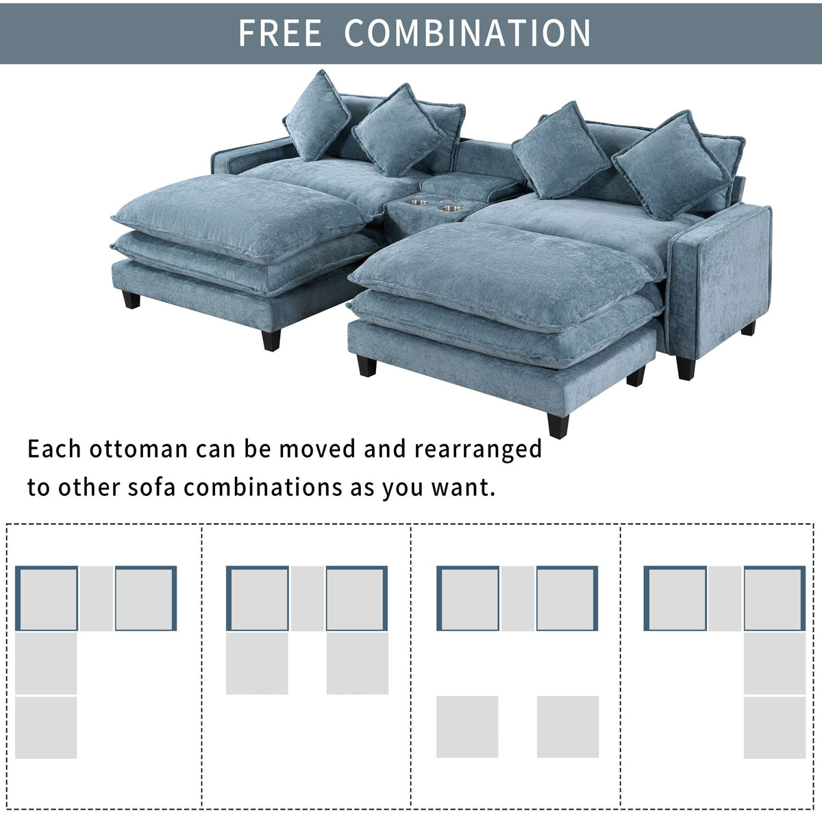 Modern Sectional Sofa with Removable Ottomans, USB Ports - Dark Gray or Light Blue