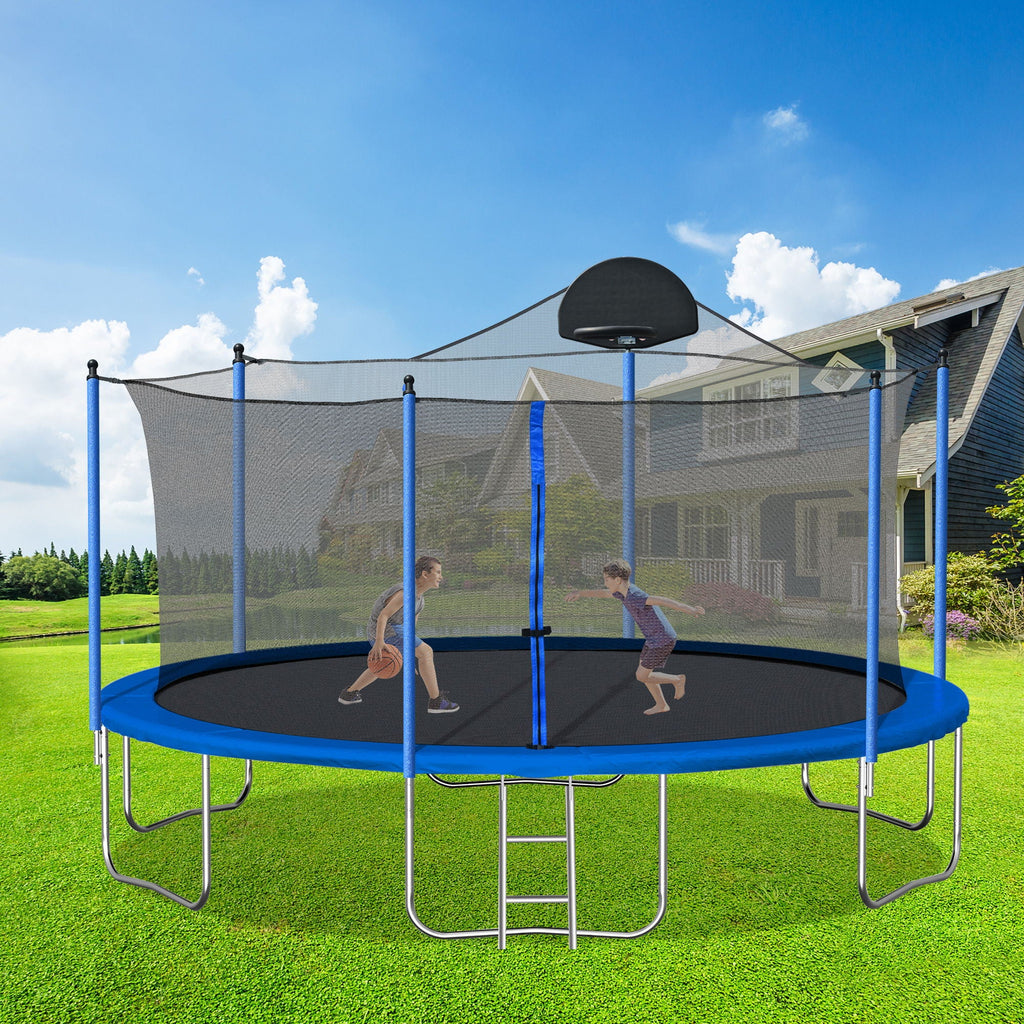 14Ft Trampoline with Basketball Hoop and Ladder - Blue