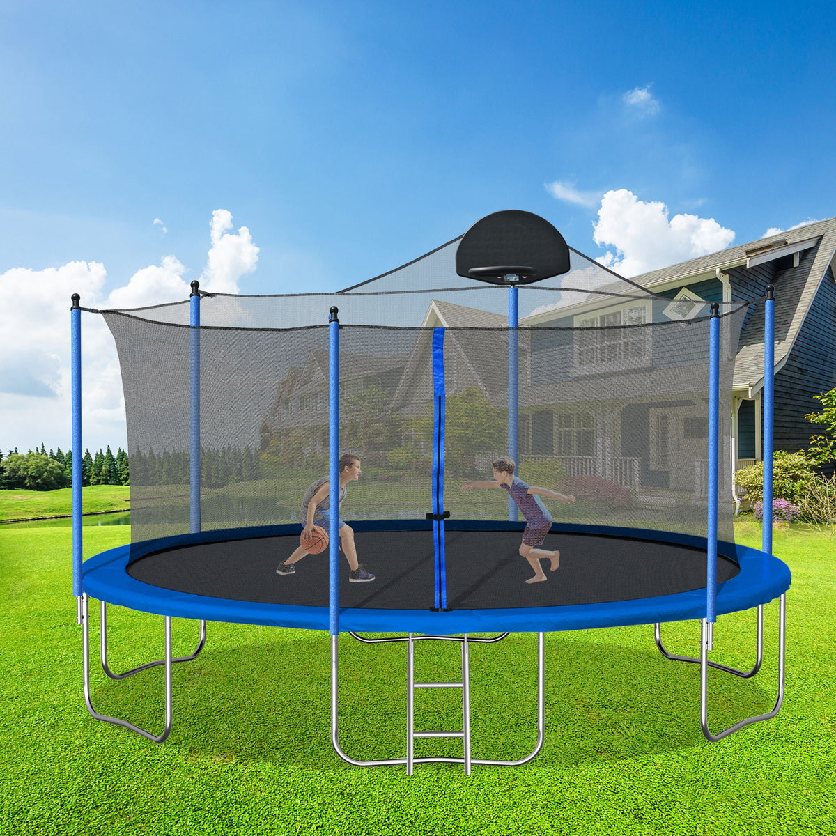 14Ft Trampoline with Basketball Hoop and Ladder - Blue