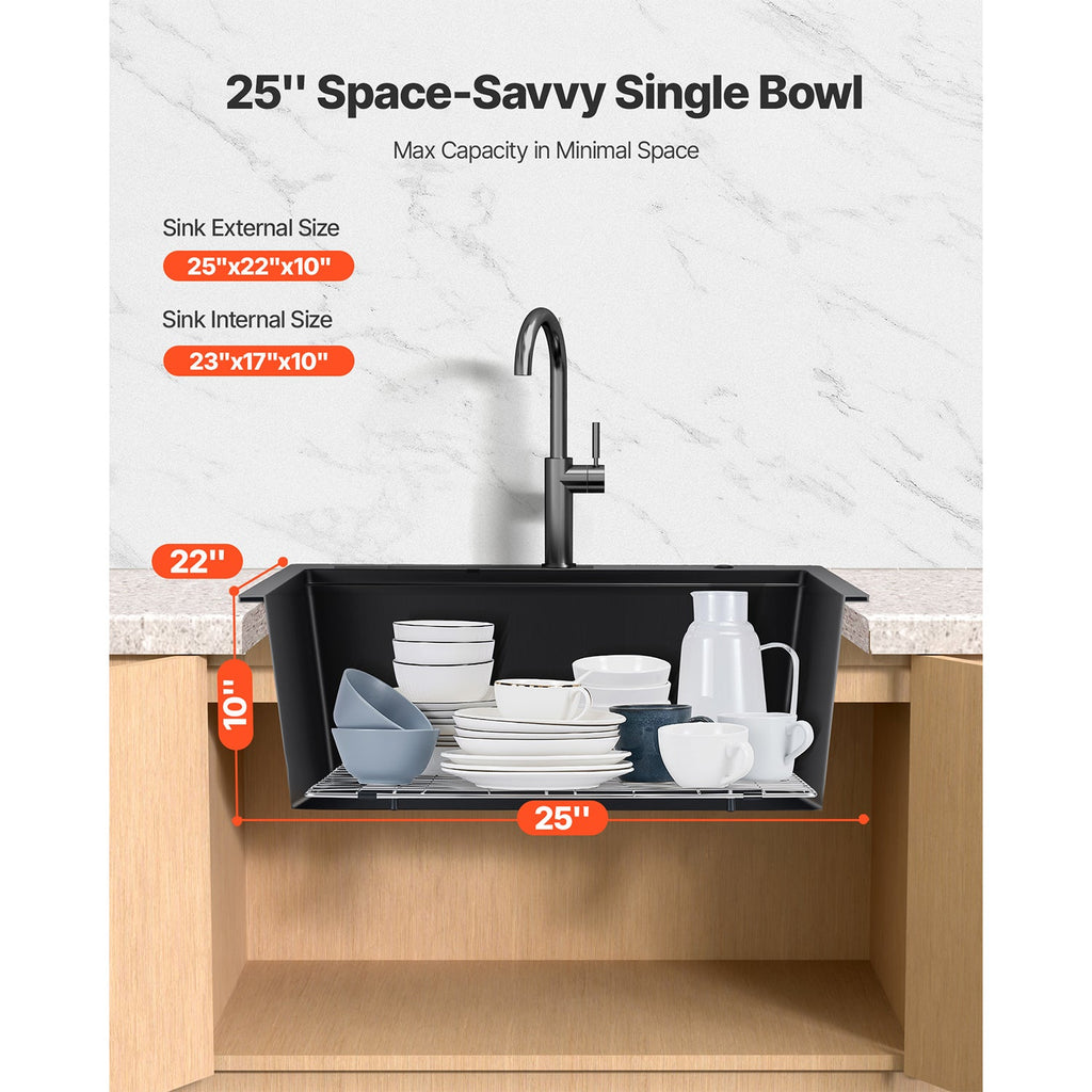 25 Inch Granite Kitchen Sink with Scratch Resistance - Matte Black