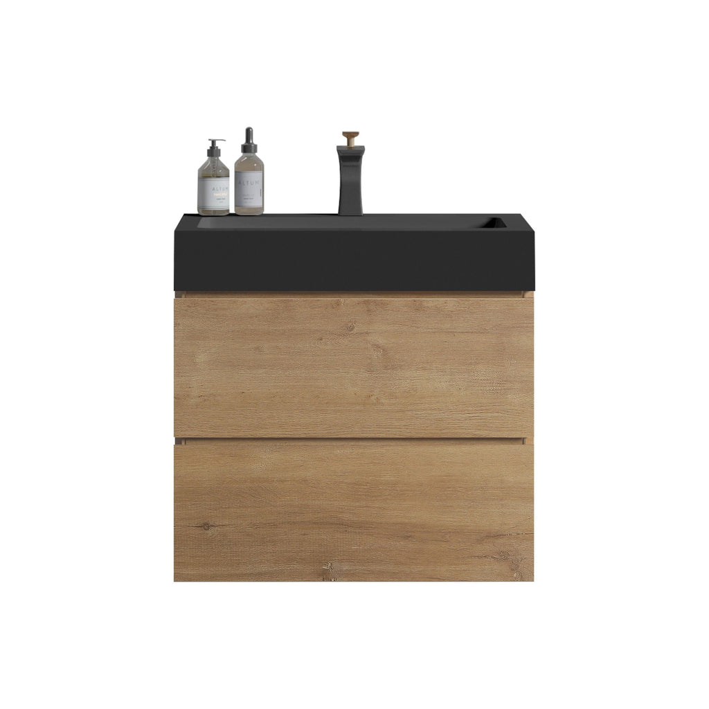 Natural Oak Bathroom Vanity with Floating Quartz Sink - Light Brown