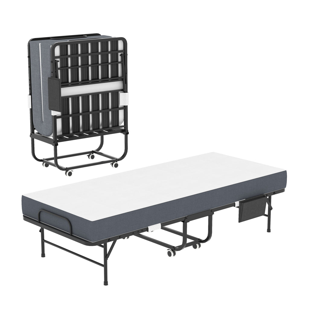 Twin Folding Bed with Memory Foam Mattress - Space Saving Rollaway - Black