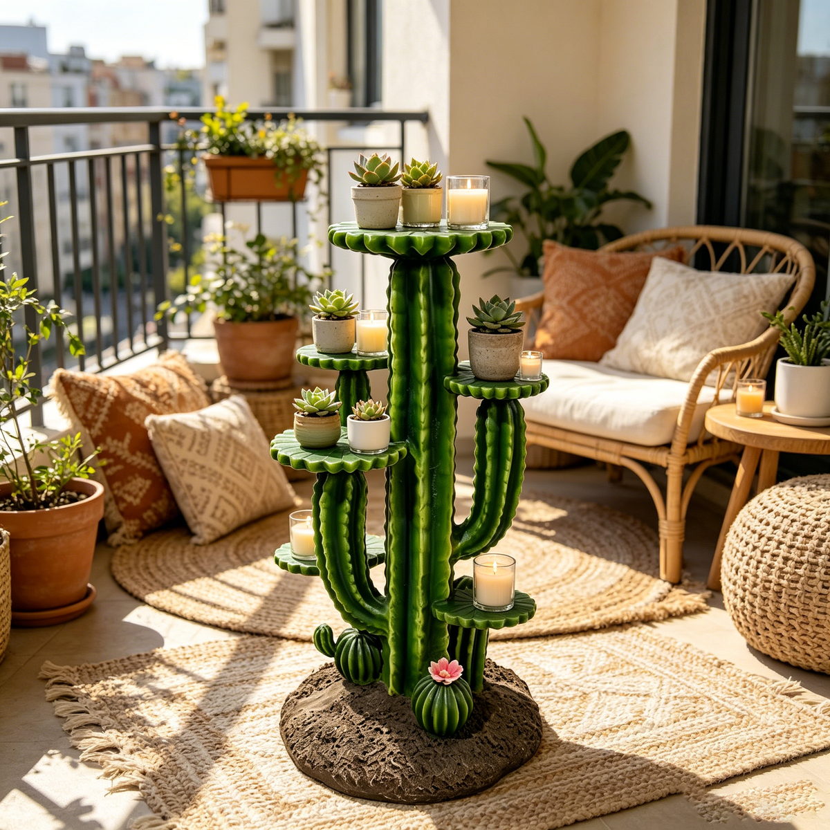 32'' Resin Saguaro Cactus Plant Stand with Three Display Shelves - Green