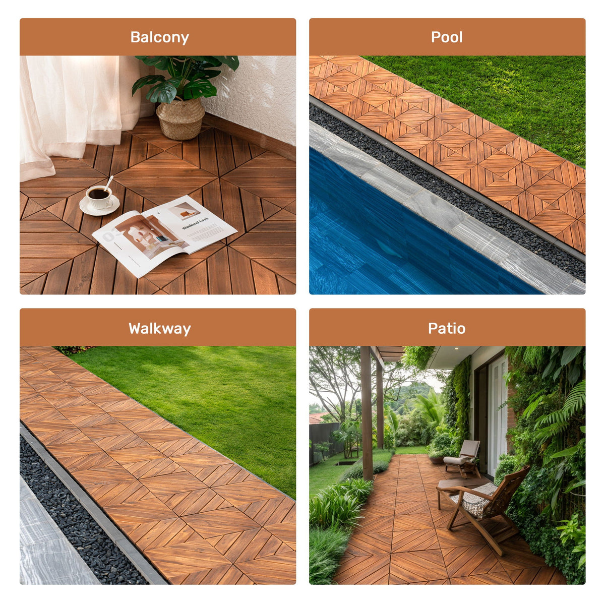 Light Brown Interlocking Deck Tiles with Diagonal Pattern - Outdoor 12" x 12"