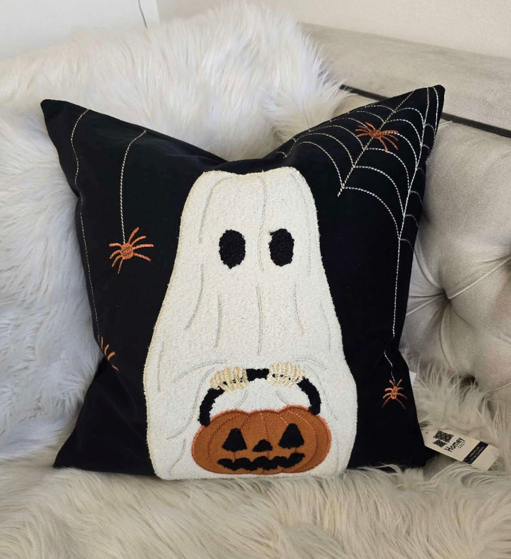 Halloween Ghost Throw Pillow with Embroidered Pumpkin Bucket - Velvet