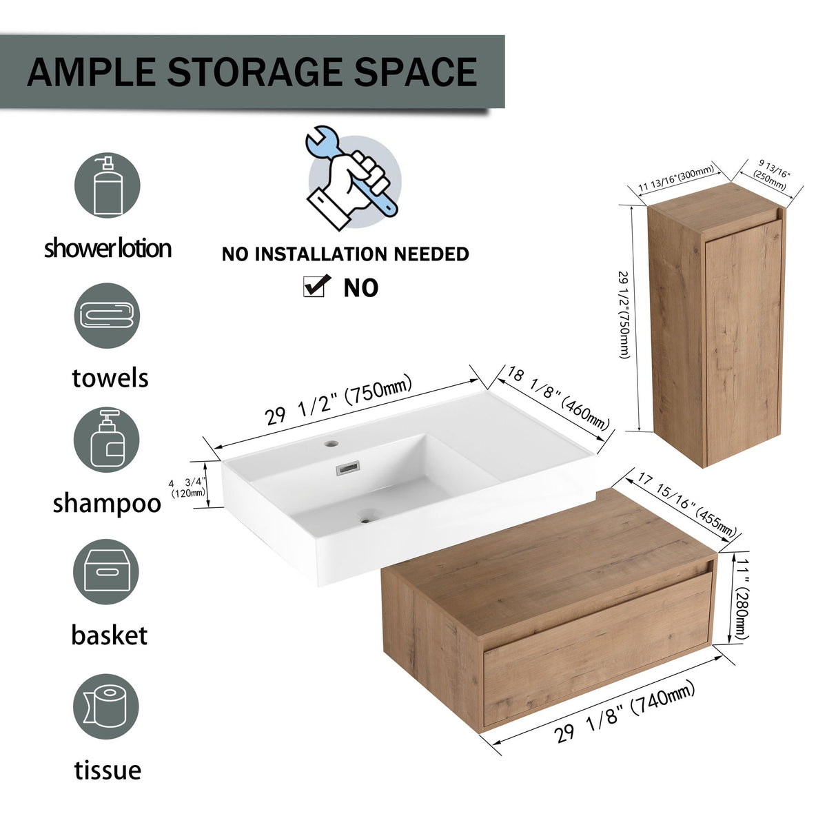 Modern Wall Mounted Bathroom Vanity with Resin Sink and Side Cabinet - Imitative Oak