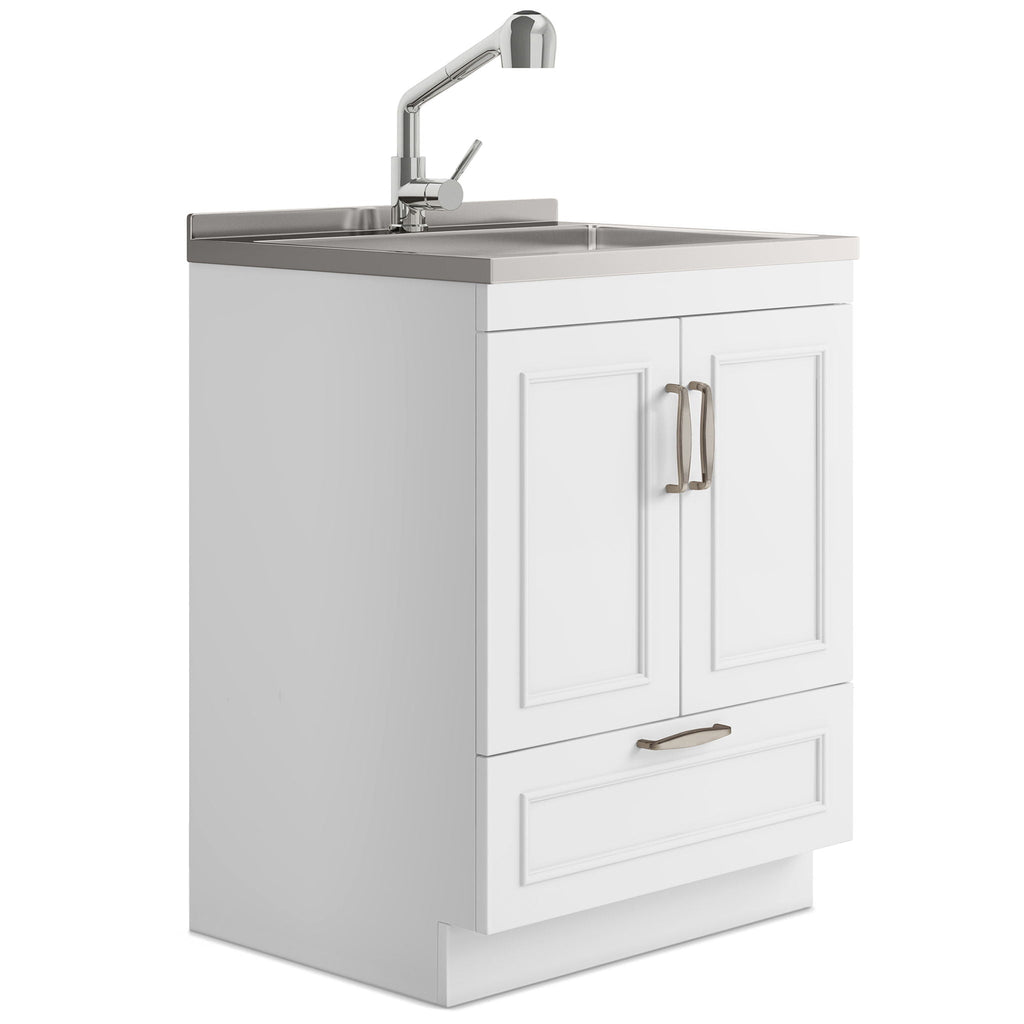 Laundry Cabinet with Faucet and Stainless Steel Sink - White