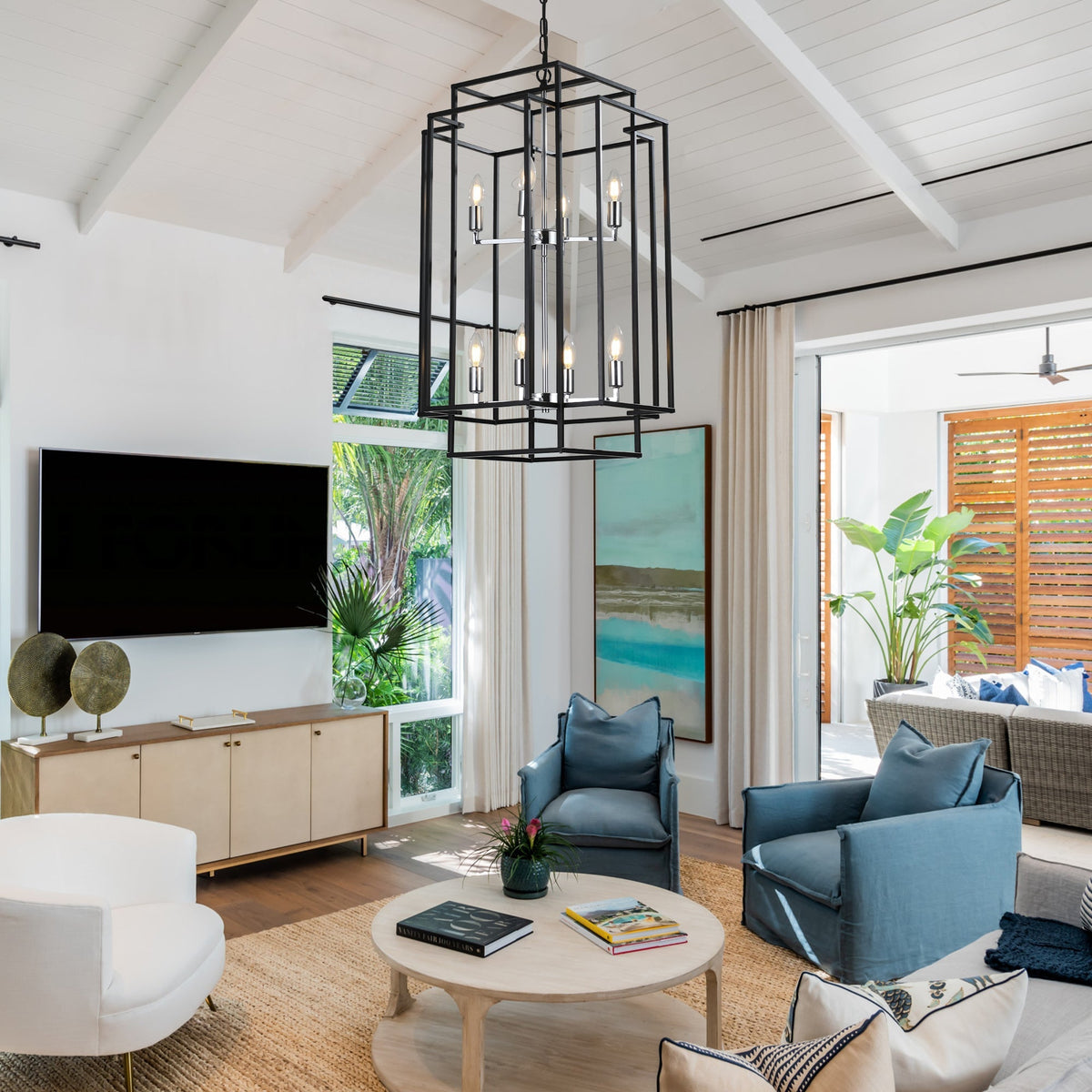Modern 8-Light Geometric Pendant Chandelier with Adjustable Height - Chrome