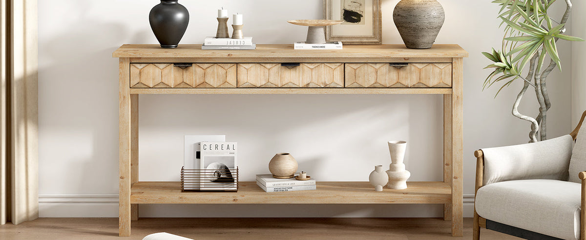 Fir Veneer Entryway Table with Honeycomb-Patterned Drawers - Natural