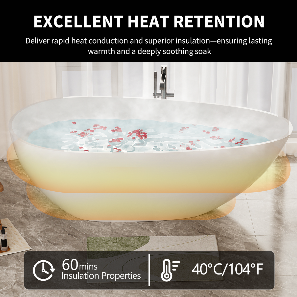 59" Freestanding Solid Surface Bathtub with Overflow Drain - Glossy White
