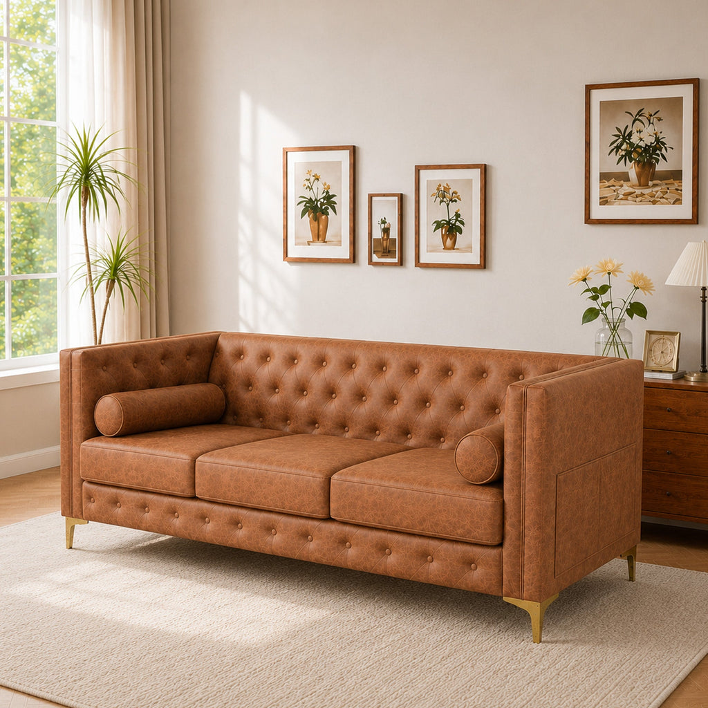 Elegant Button Tufted Sofa with Metallic Legs - Faux Leather