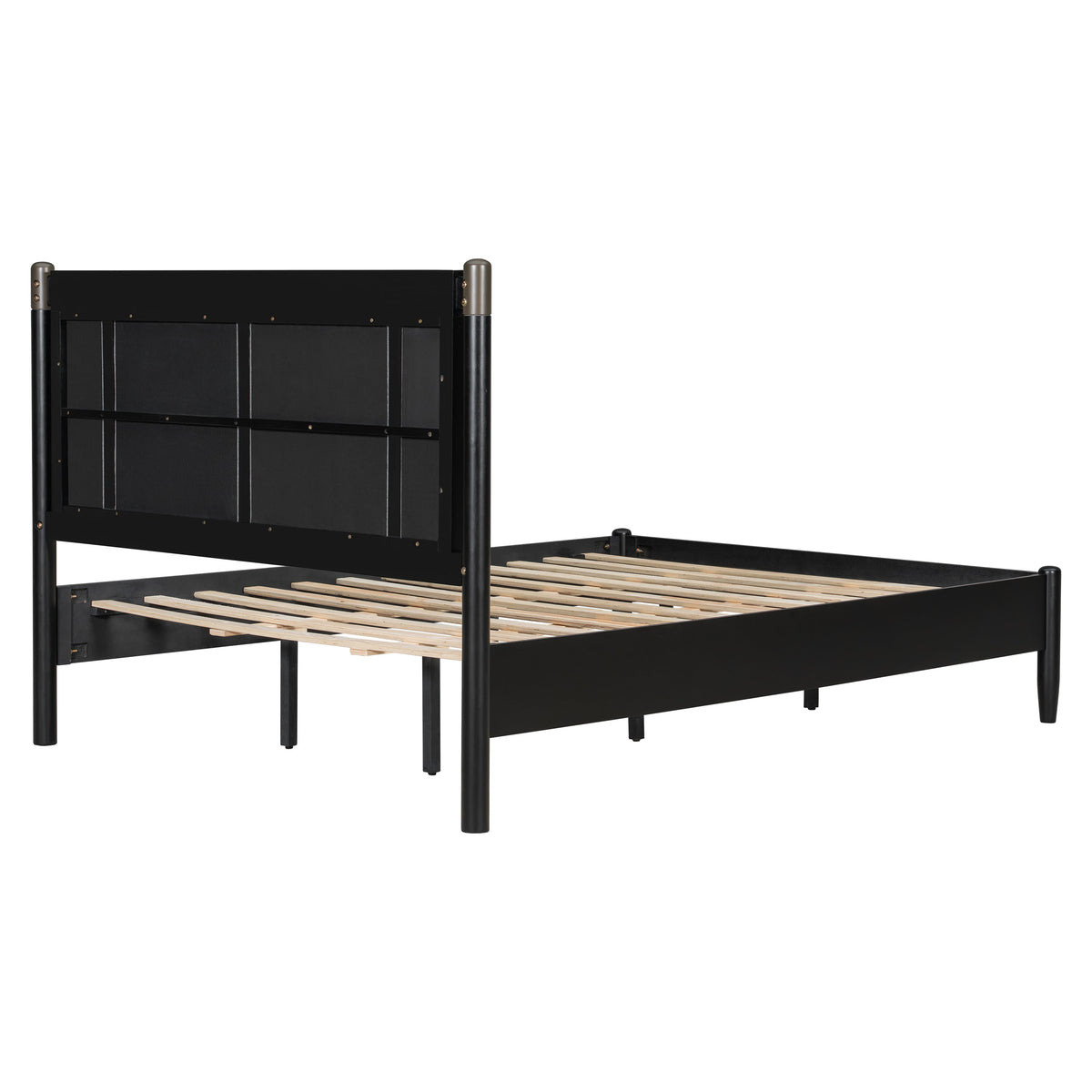 Solid Wood Queen Bed with 500 lbs Support and Fabric Headboard - Dark Grey