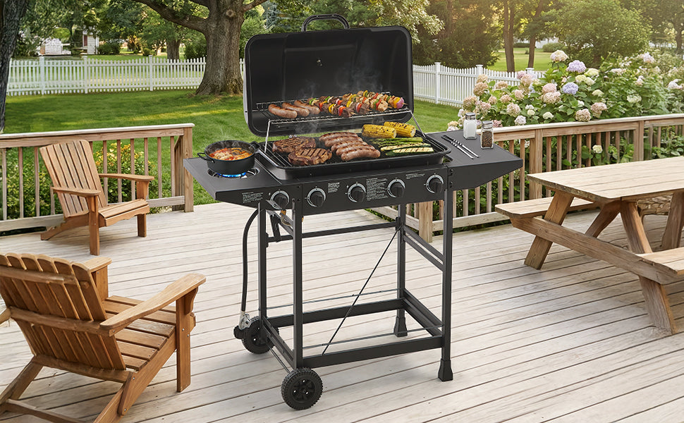 4 Burner Propane Gas BBQ Grill with Side Burner - Black