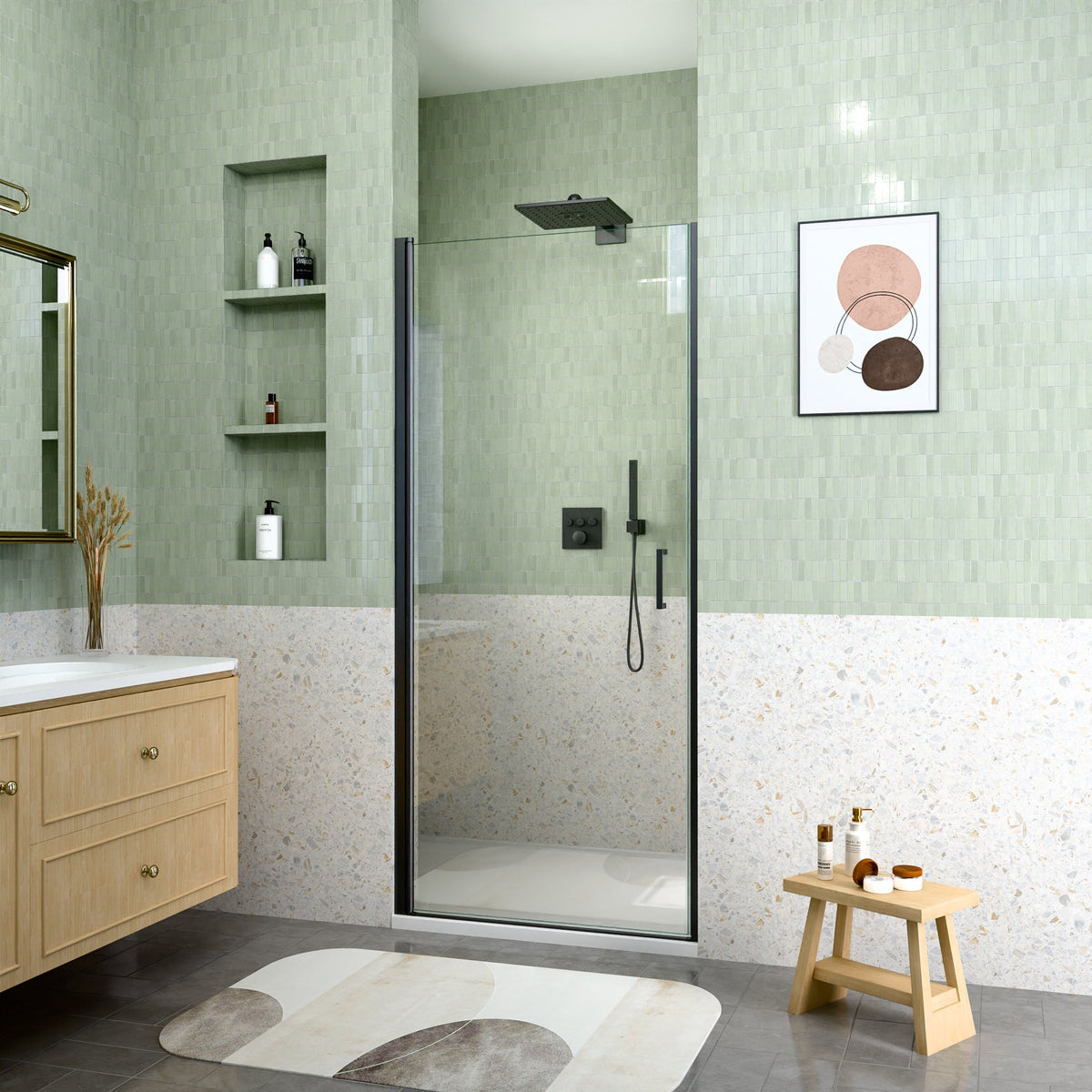Semi-Frameless Pivot Shower Door with Soft-Close - Matte Black