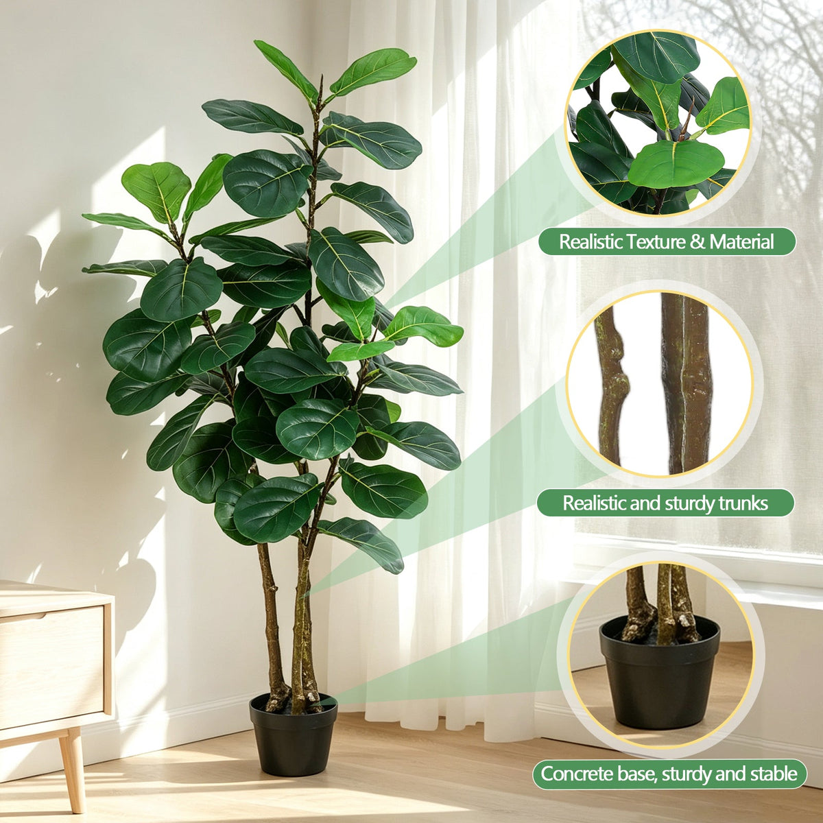 Artificial Fiddle Leaf Fig Tree 5FT with Planter - Green