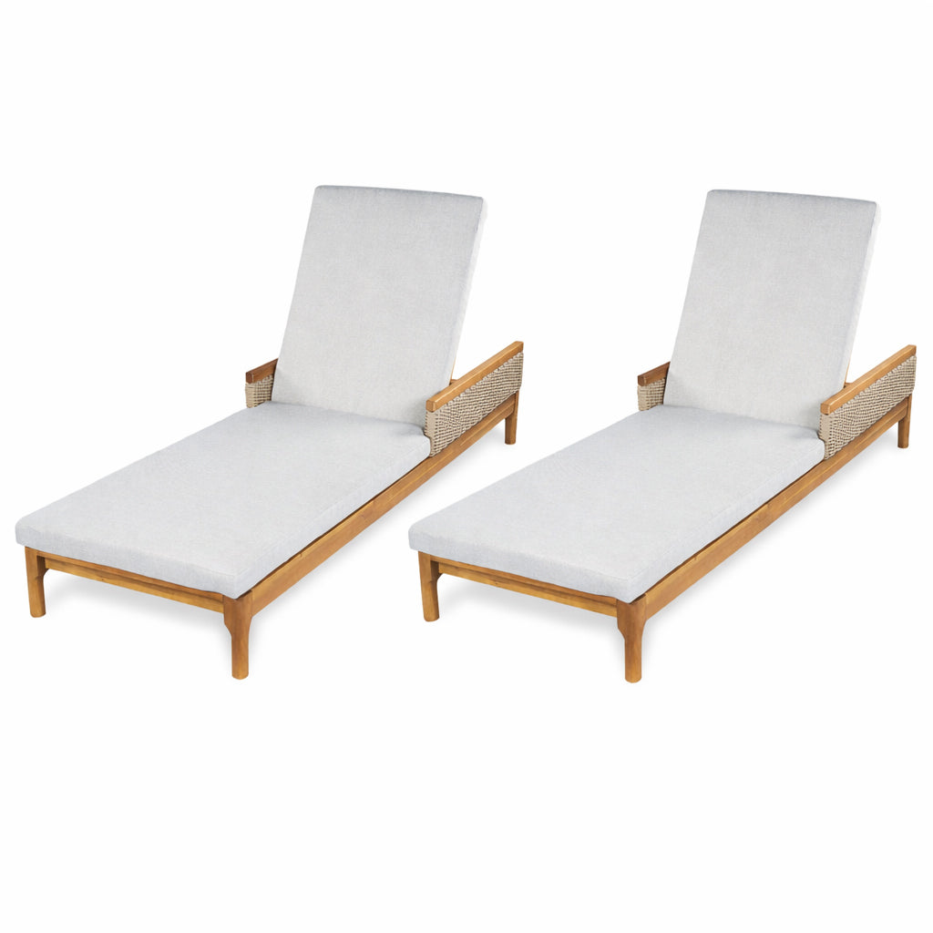 Solid Acacia Wood Sun Lounger Set with Grey Cushions - Outdoor