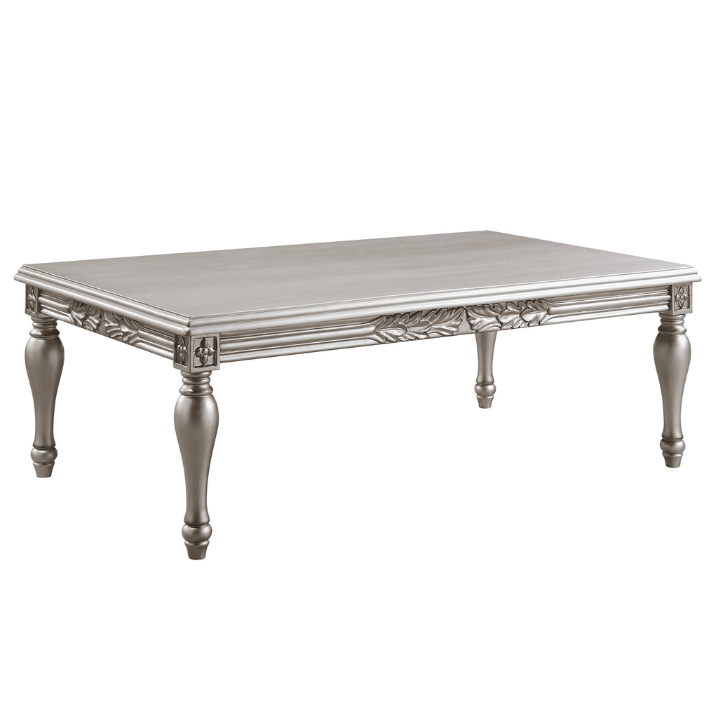 Platinum Finish Coffee Table with Floral Trim Apron - Pelumi
