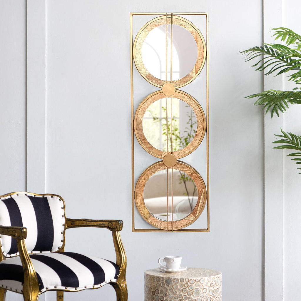 Rectangular 3-Piece Wall Mirror Set with Iron & Mango Wood Frame - Brown