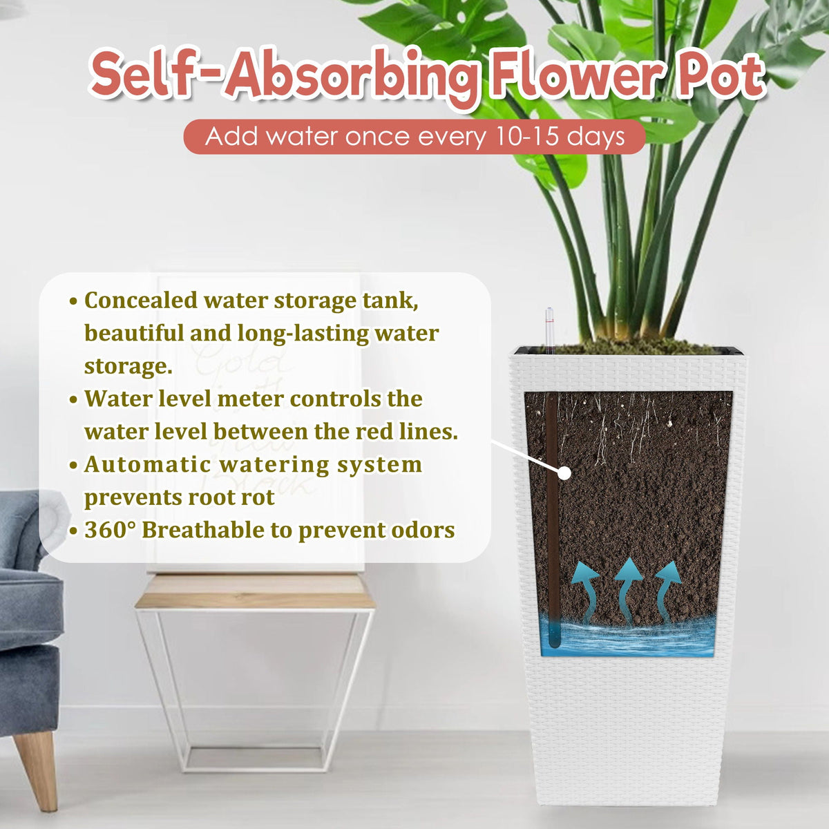 Indoor Outdoor Planter with Automatic Watering System - Dark Brown, Black, or White