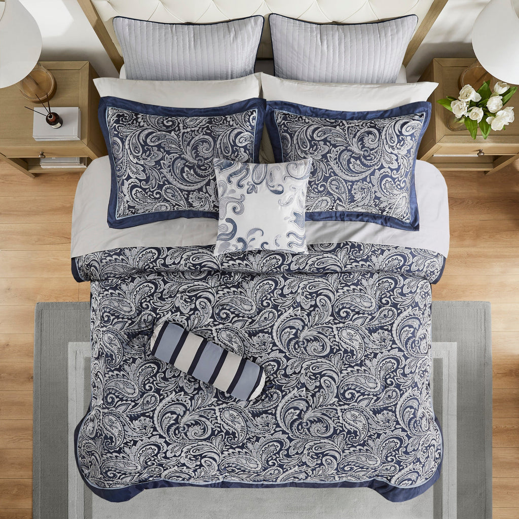 Navy 12 Piece Comforter Set with Cotton Bed Sheets - Queen, Paisley Jacquard